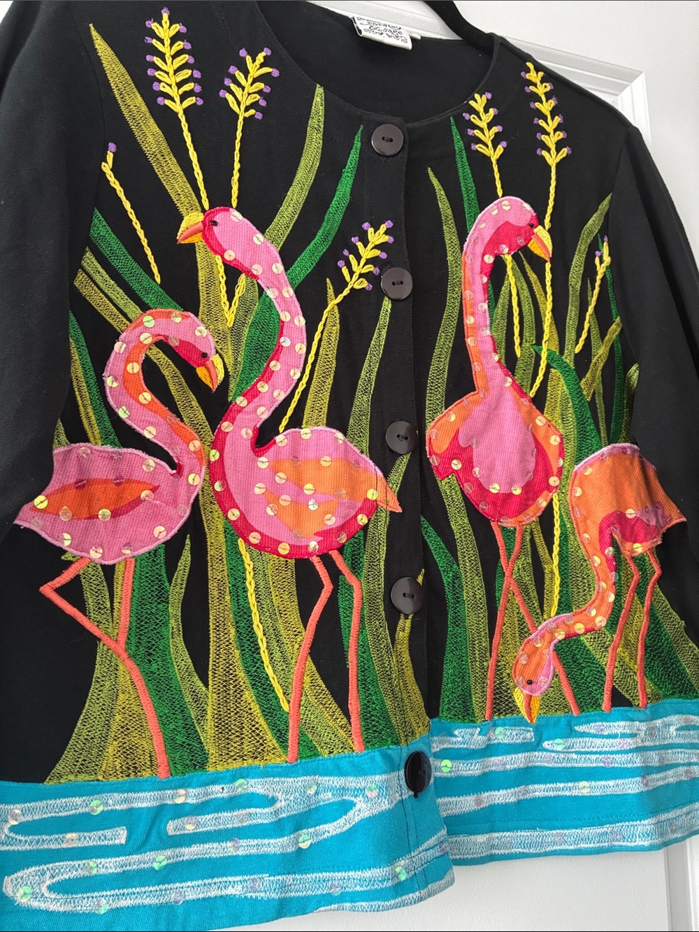 Parsley & Sage Size S Whimsical Embroidered & Sequin Flamingo Button-Down Jacket - Picture 3 of 5